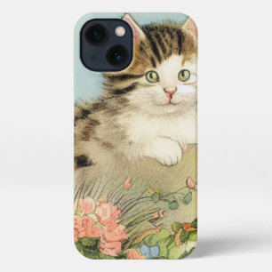 Vintage Cat Illustration with Pink Flowers iPhone 13 Case