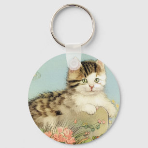 Vintage Cat Illustration with Pink Flowers Keychain