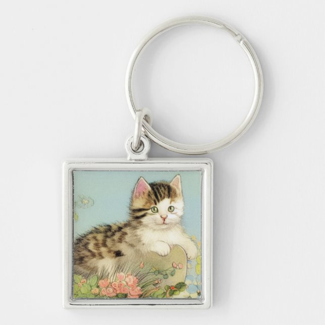 Vintage Cat Illustration with Pink Flowers Keychain (Front)