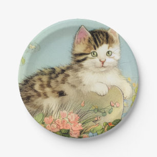 Vintage Cat Illustration with Pink Flowers Paper Plate