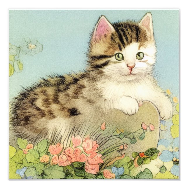 Vintage Cat Illustration with Pink Flowers Photo Print (Front)