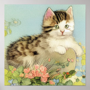 Vintage Cat Illustration with Pink Flowers Poster