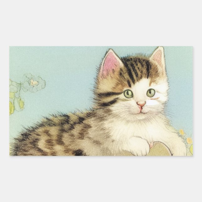 Vintage Cat Illustration with Pink Flowers Sticker (Front)