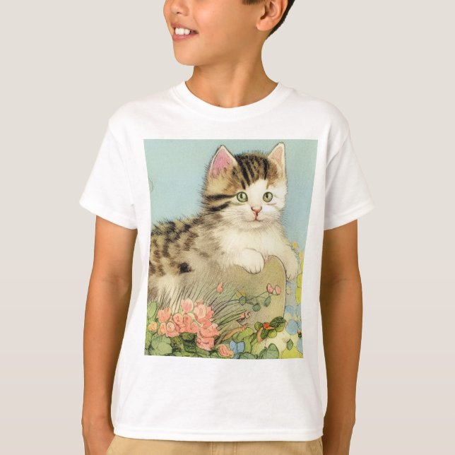 Vintage Cat Illustration with Pink Flowers T-Shirt (Front)