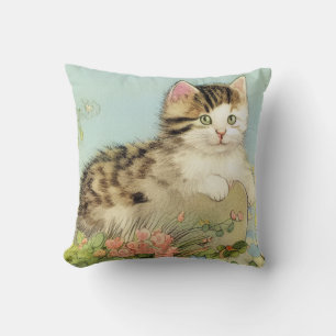 Vintage Cat Illustration with Pink Flowers Throw Pillow