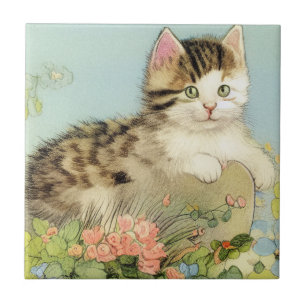 Vintage Cat Illustration with Pink Flowers Tile