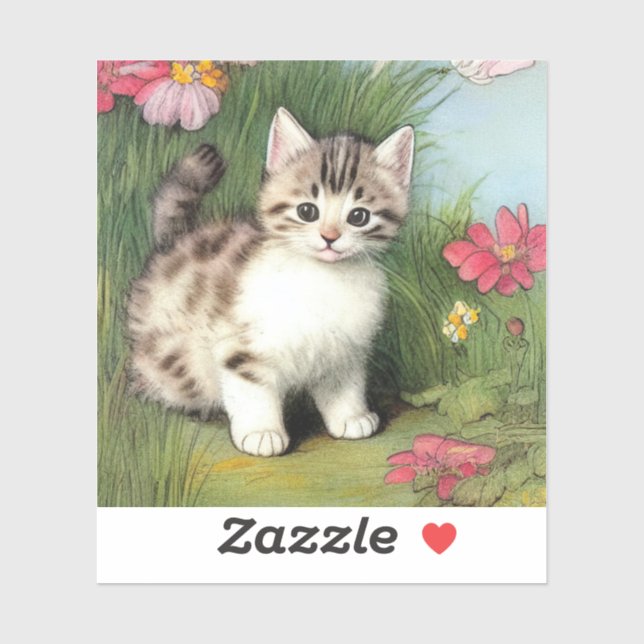 Vintage Cat Illustration with Red Flowers (Sheet)