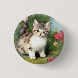 Vintage Cat Illustration with Red Flowers 1 Inch Round Button