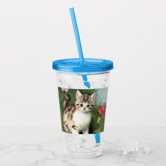 Vintage Cat Illustration with Red Flowers Acrylic Tumbler (Front Ice)