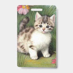 Vintage Cat Illustration with Red Flowers Badge
