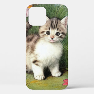 Vintage Cat Illustration with Red Flowers iPhone 12 Case