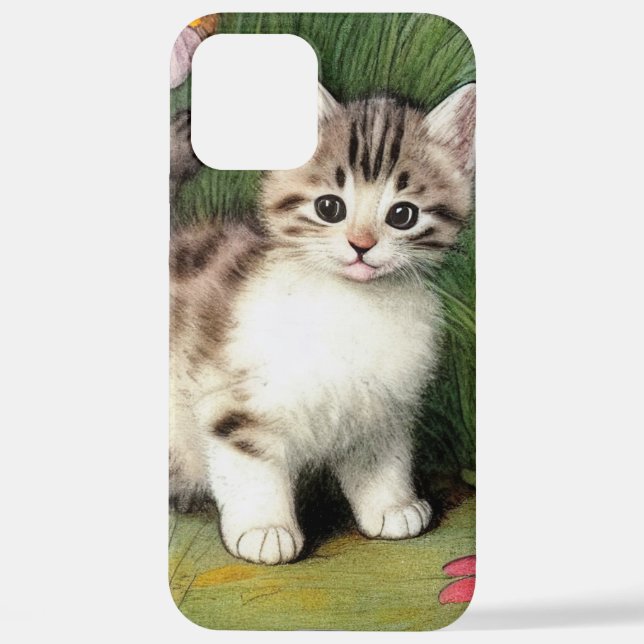 Vintage Cat Illustration with Red Flowers iPhone Case (Back)