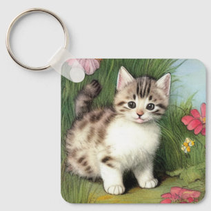 Vintage Cat Illustration with Red Flowers Keychain