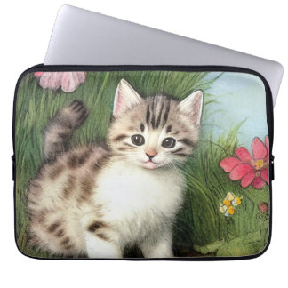 Vintage Cat Illustration with Red Flowers Laptop Sleeve