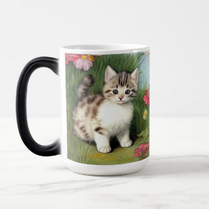 Vintage Cat Illustration with Red Flowers Magic Mug