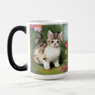 Vintage Cat Illustration with Red Flowers Magic Mug