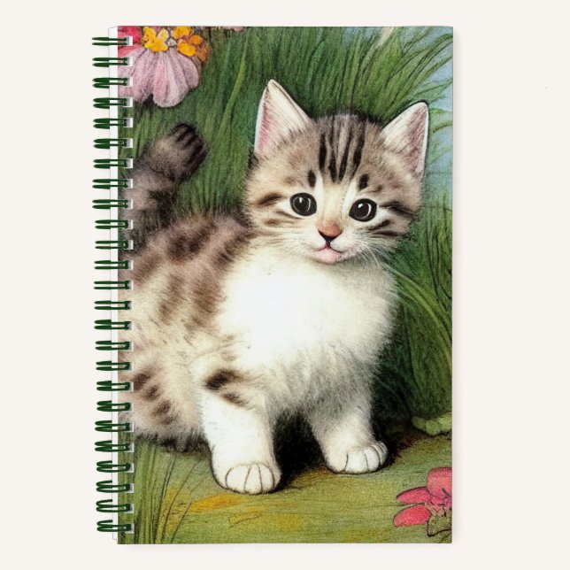 Vintage Cat Illustration with Red Flowers Notebook (Front)