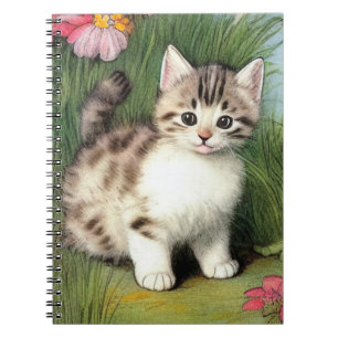 Vintage Cat Illustration with Red Flowers Notebook