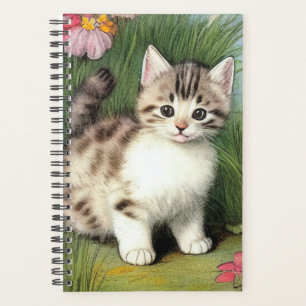 Vintage Cat Illustration with Red Flowers Planner