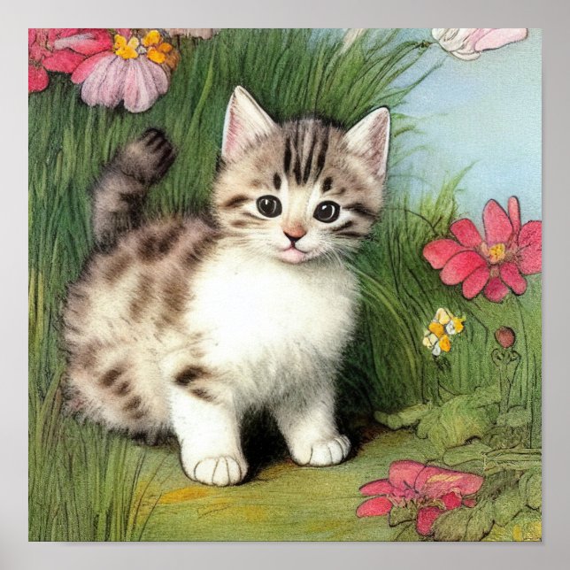 Vintage Cat Illustration with Red Flowers Poster (Front)