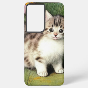 Vintage Cat Illustration with Red Flowers Samsung Galaxy Case