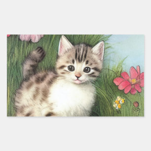 Vintage Cat Illustration with Red Flowers Sticker
