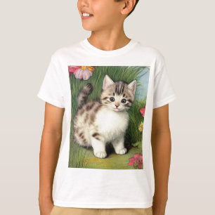 Vintage Cat Illustration with Red Flowers T-Shirt