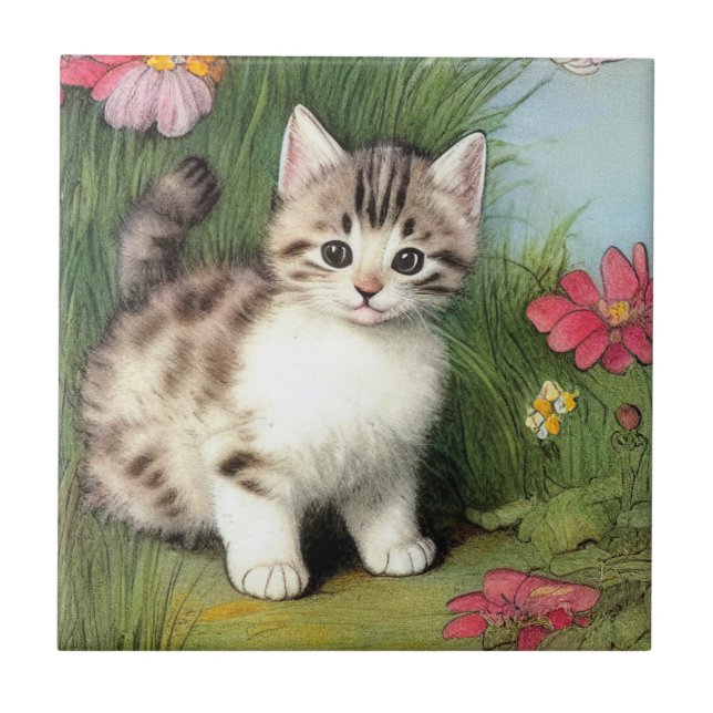 Vintage Cat Illustration with Red Flowers Tile (Front)