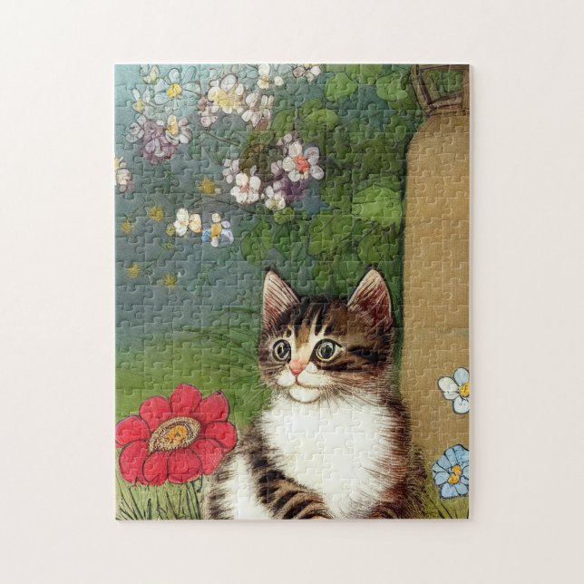 Vintage Cat Illustration with Spring Flowers Jigsaw Puzzle (Vertical)