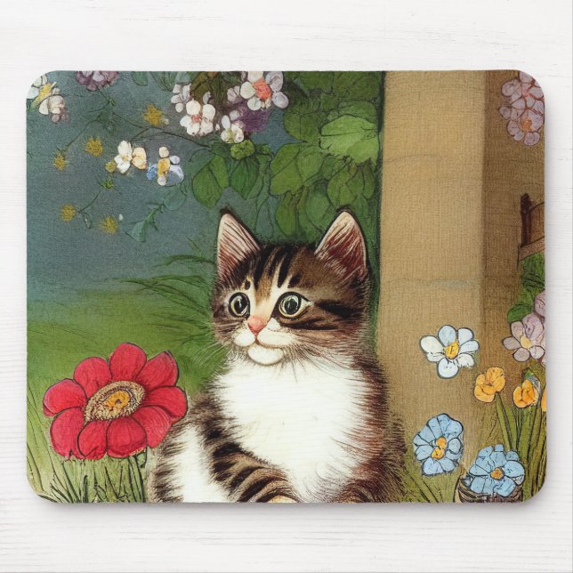 Vintage Cat Illustration with Spring Flowers Mouse Pad (Front)