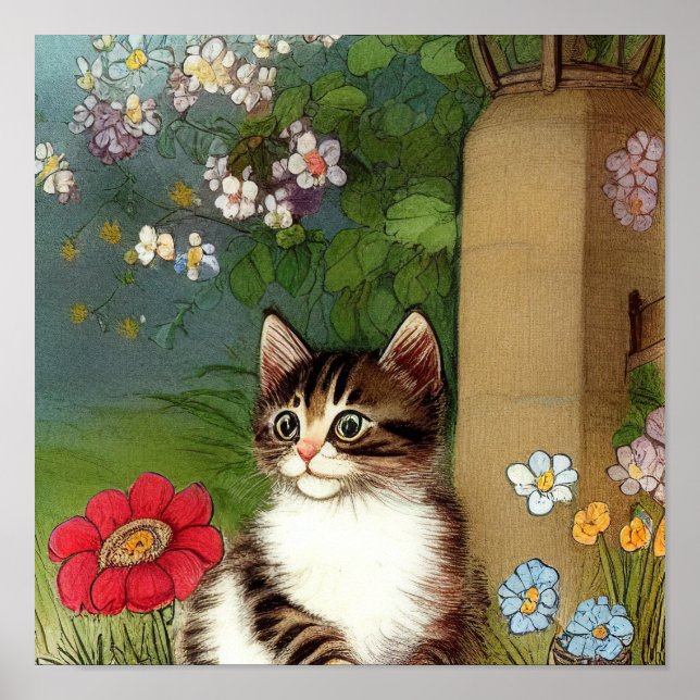 Vintage Cat Illustration with Spring Flowers Poster (Front)