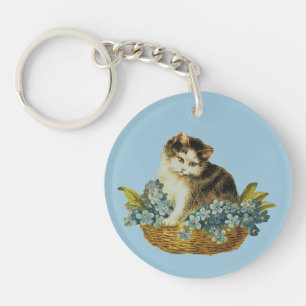 Vintage Cat In Basket Keychain