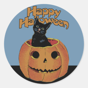 Vintage Cat in Jack'o'Lantern Classic Round Sticker