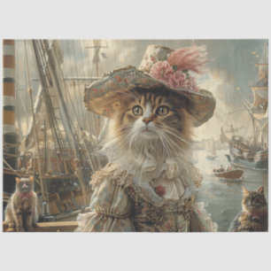 Vintage Cat in Lace on Ship Decoupage  Tissue Paper