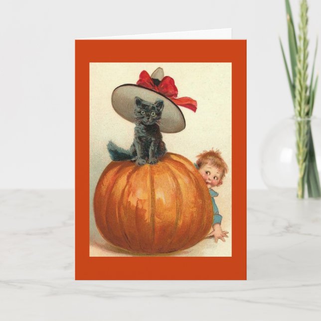 Vintage Cat in Pumpkin Card (Front)