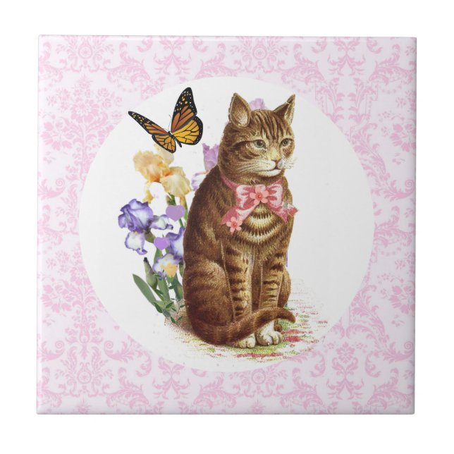 Vintage Cat Iris Flowers and Butterfly Tile (Front)