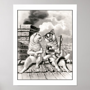 Vintage Cat Musician Lute Guitar Animal Music Poster