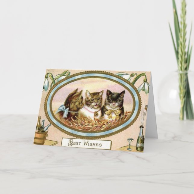 Vintage Cat New Year's Greeting Card (Front)