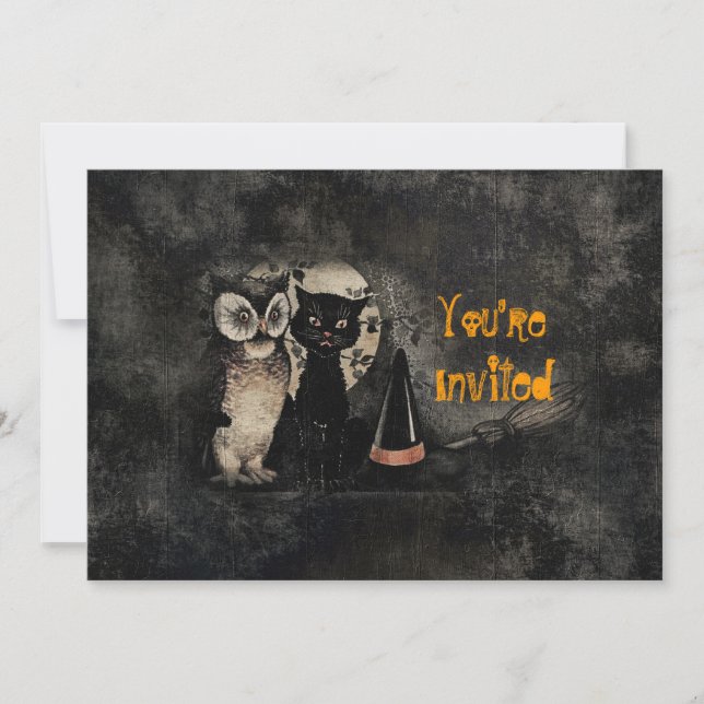Vintage Cat Owl Black Halloween Party Invitation (Front)