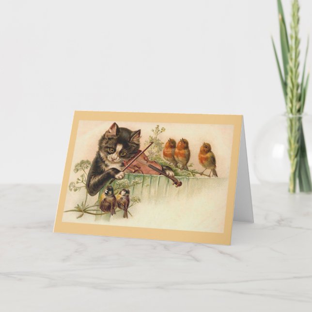 Vintage Cat Playing Violin Note Card (Front)