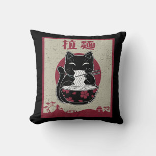 Vintage Cat Ramen Kawaii Anime Japanese Gift Girls Throw Pillow