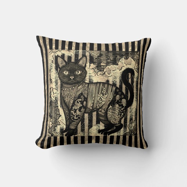Vintage Cat Retro,Stripes Pattern  Throw Pillow (Front)