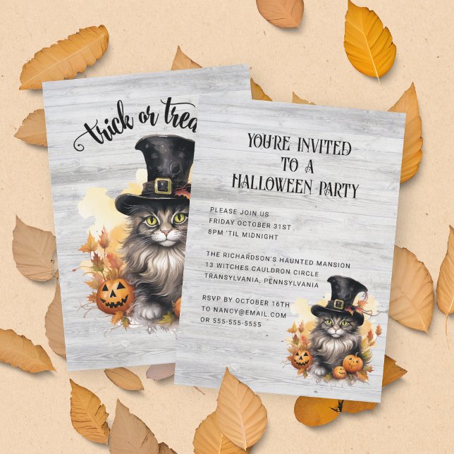 Vintage Cat Rustic Custom Halloween Party Invitation (Front and Back View)