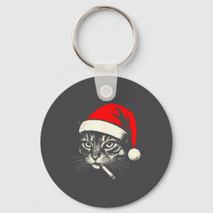Vintage Cat Smoking Cigarette Christmas Cat Santa  Keychain