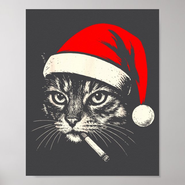 Vintage Cat Smoking Cigarette Christmas Cat Santa  Poster (Front)