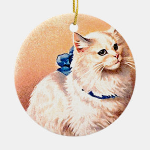 Vintage Cat with Blue Bow Ceramic Ornament