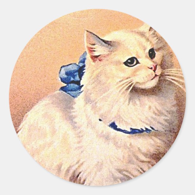 Vintage Cat with Blue Bow Classic Round Sticker (Front)