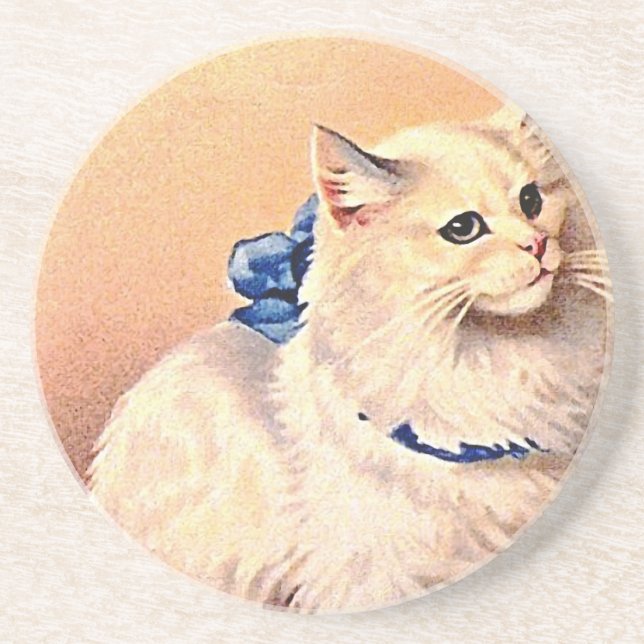 Vintage Cat with Blue Bow Coaster (Front)