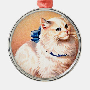 Vintage Cat with Blue Bow Metal Ornament