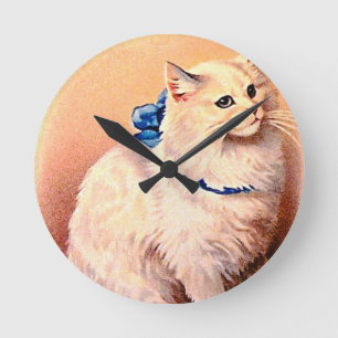 Vintage Cat with Blue Bow Round Clock